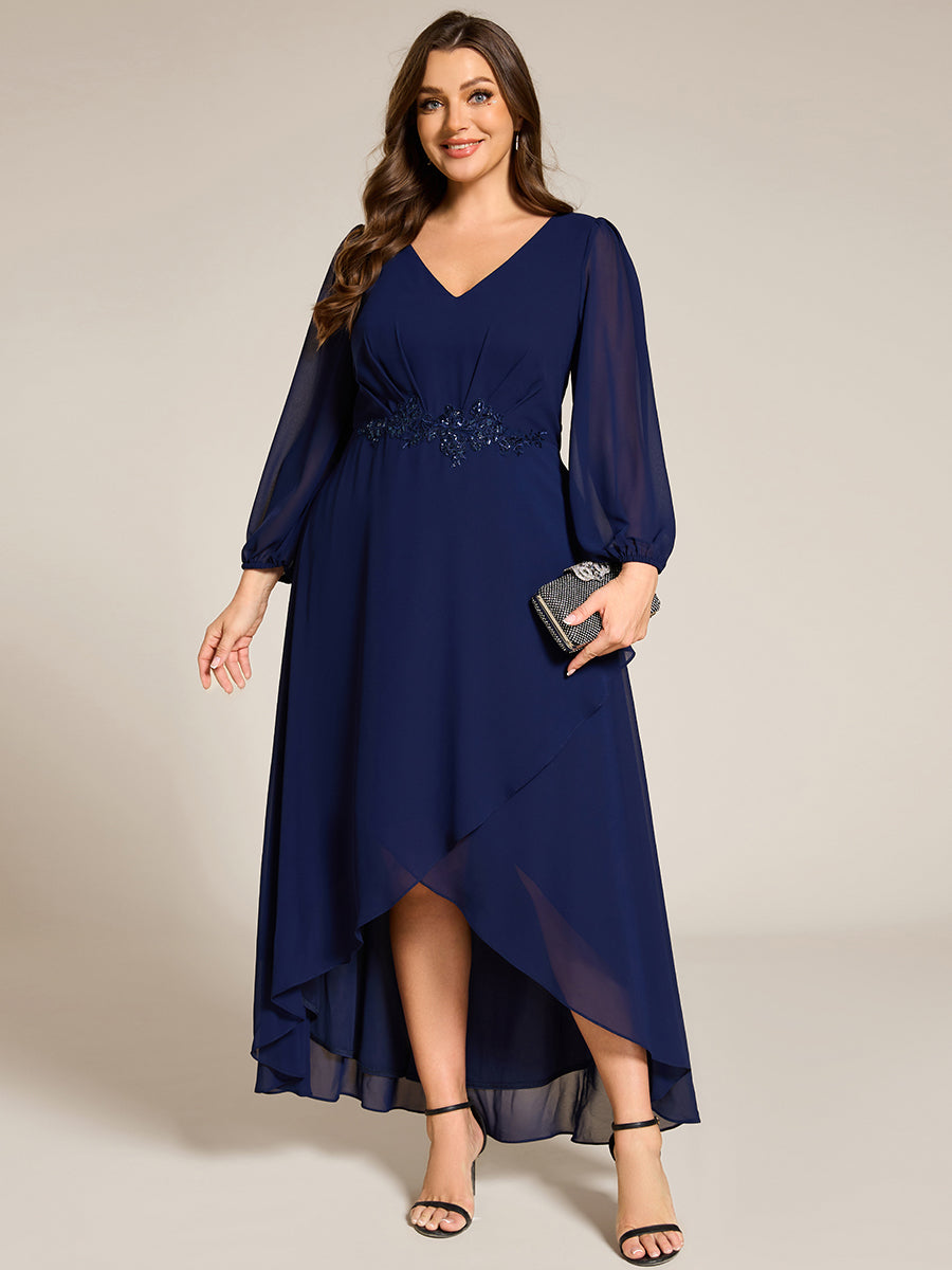 Robe de soirée formelle en mousseline de soie à manches longues et appliques à la taille #Couleur_Bleu Marine