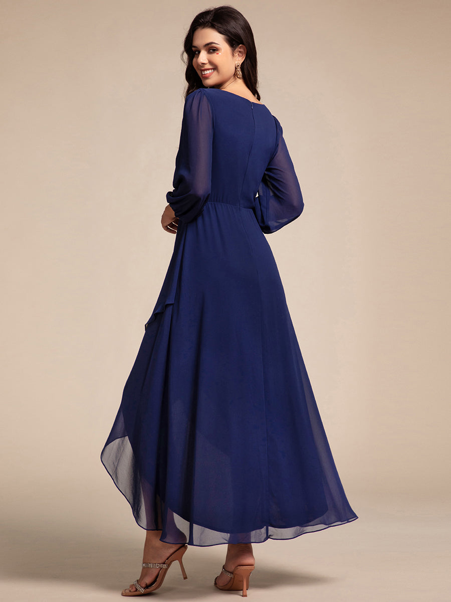 Robe de soirée formelle en mousseline de soie à manches longues et appliques à la taille #Couleur_Bleu Marine