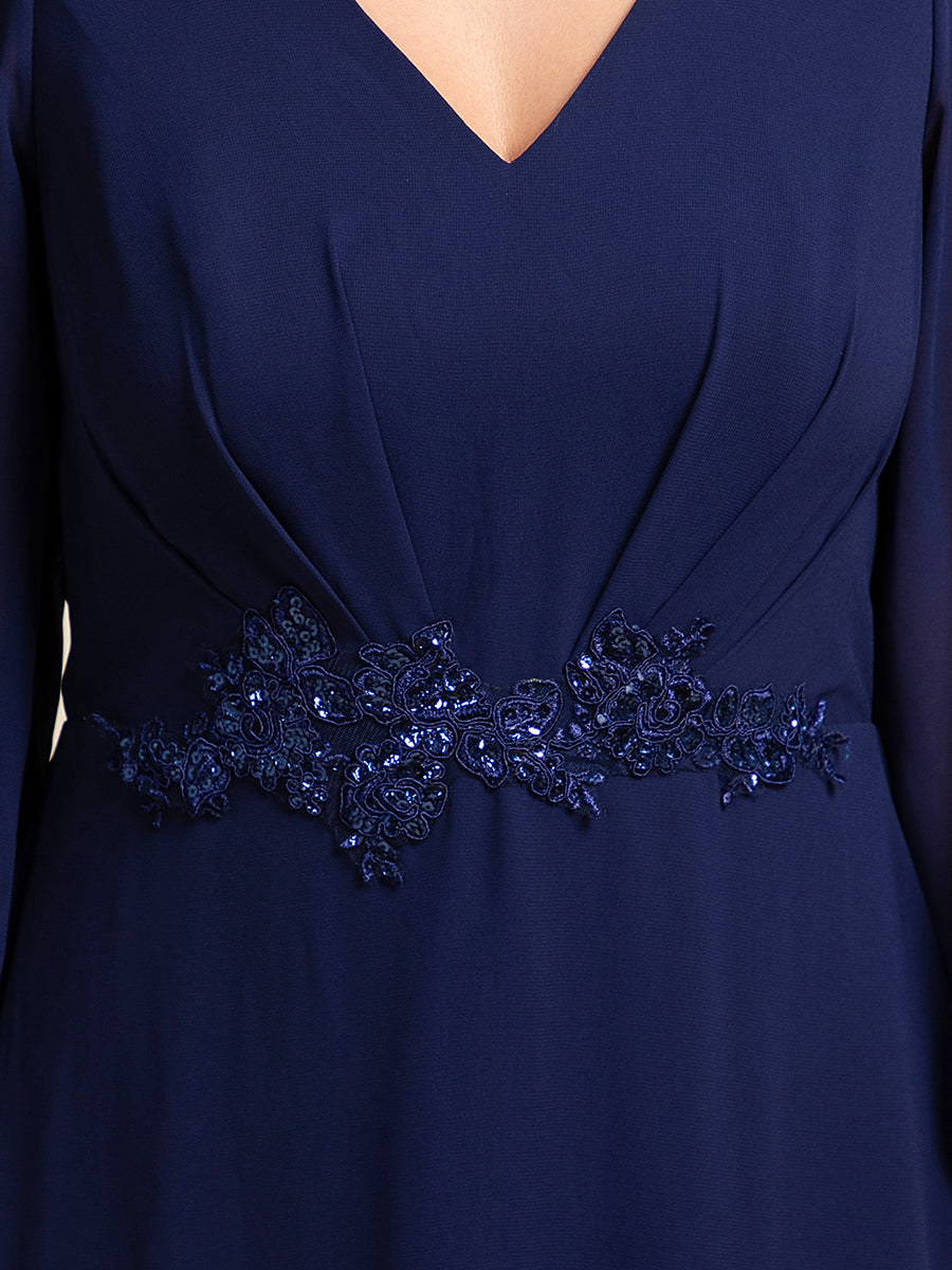 Robe de soirée formelle en mousseline de soie à manches longues et appliques à la taille #Couleur_Bleu Marine