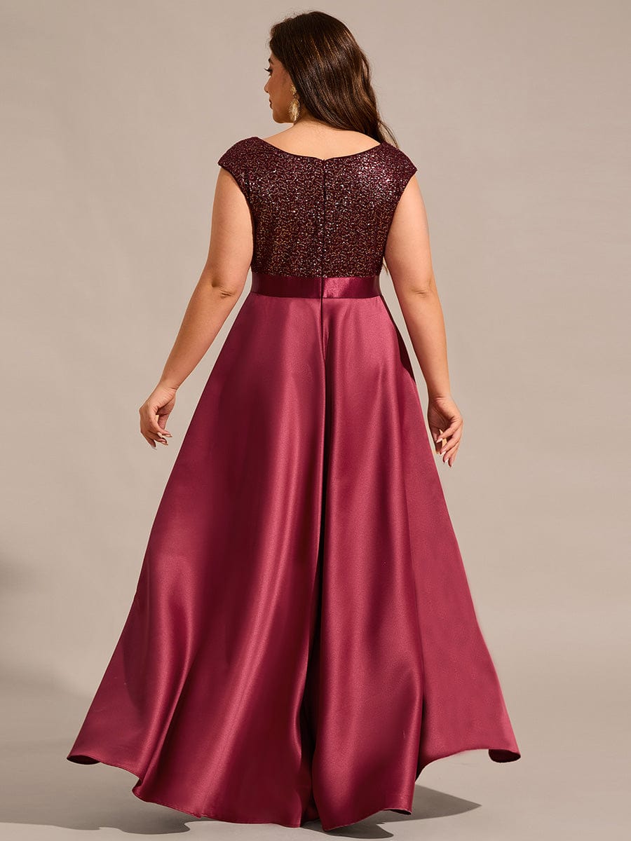 Robe de soirée à sequins et décolleté plongeant avec satin #Couleur_Bordeaux