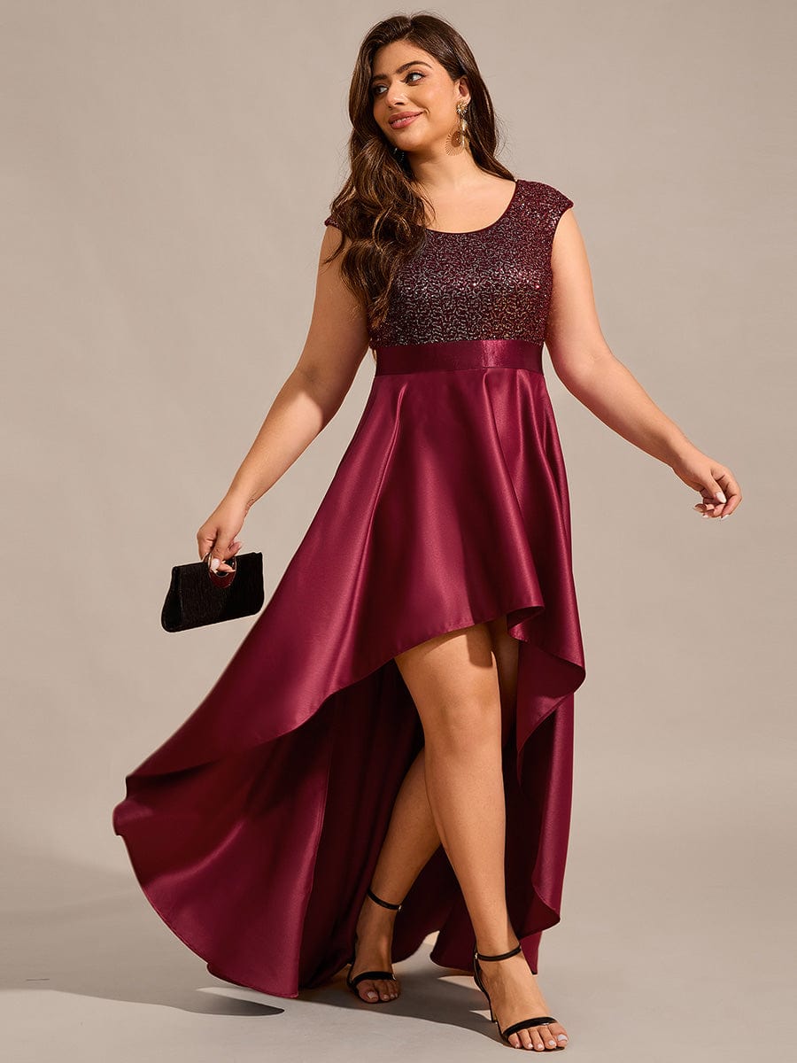 Robe de soirée à sequins et décolleté plongeant avec satin #Couleur_Bordeaux