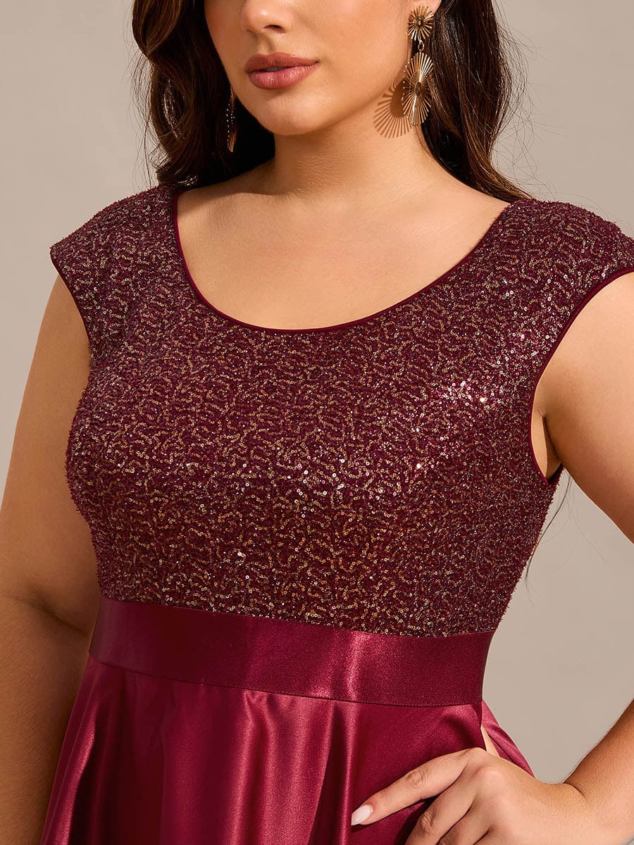 Robe de soirée à sequins et décolleté plongeant avec satin #Couleur_Bordeaux