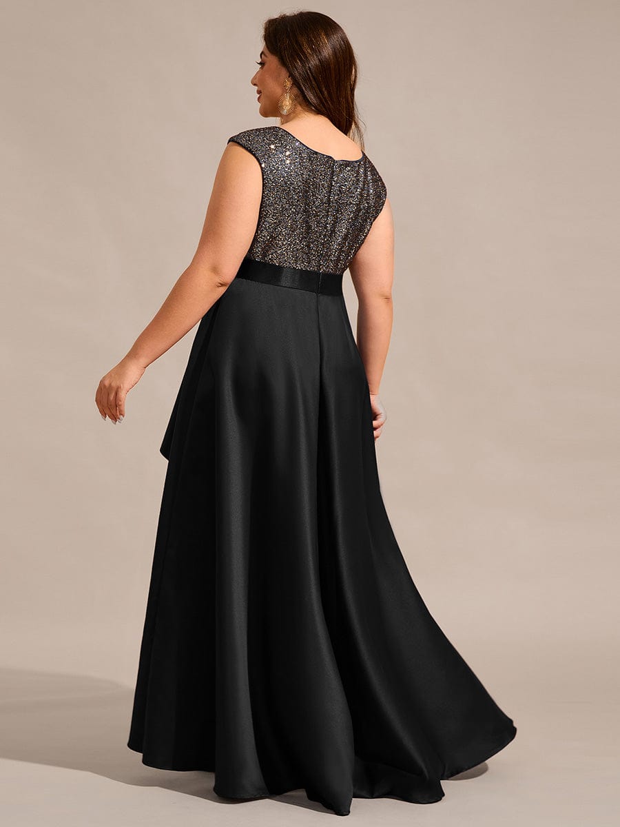 Robe de soirée à sequins et décolleté plongeant avec satin #Couleur_Noir