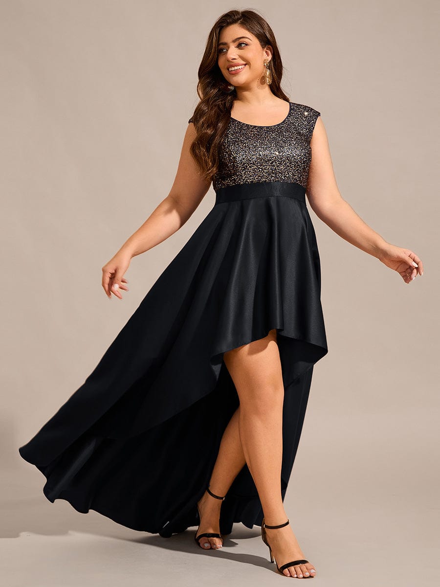 Robe de soirée à sequins et décolleté plongeant avec satin #Couleur_Noir