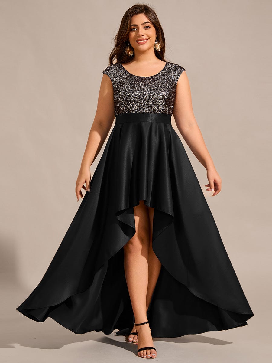 Robe de soirée en satin à sequins et décolleté rond grande taille? #Couleur_Noir