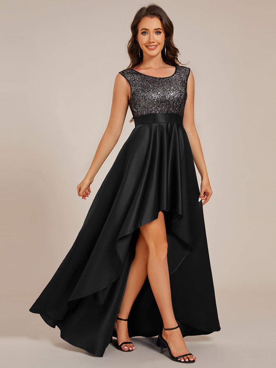 Robe de soirée à sequins et décolleté plongeant avec satin #Couleur_Noir