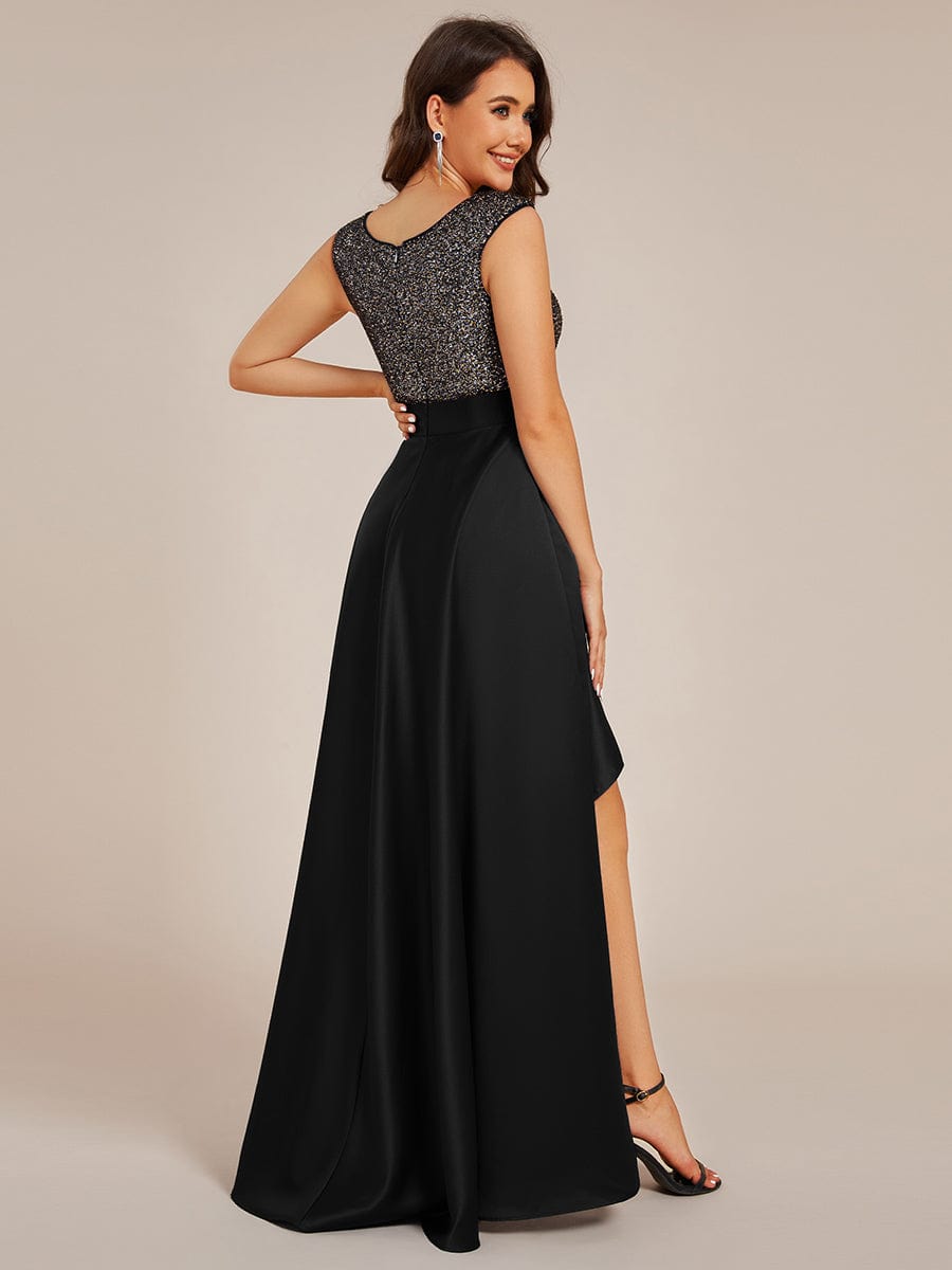 Robe de soirée à sequins et décolleté plongeant avec satin #Couleur_Noir