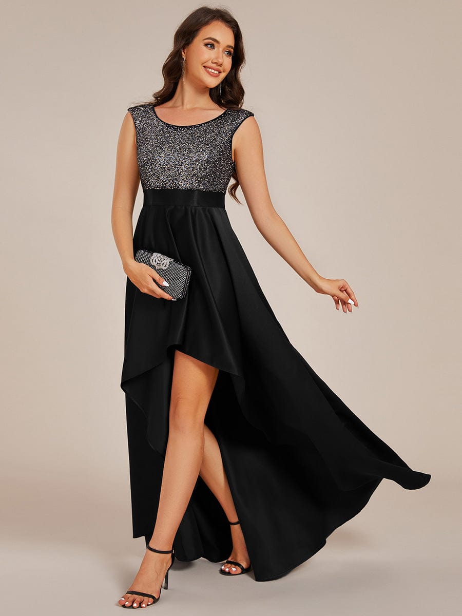 Robe de soirée à sequins et décolleté plongeant avec satin #Couleur_Noir