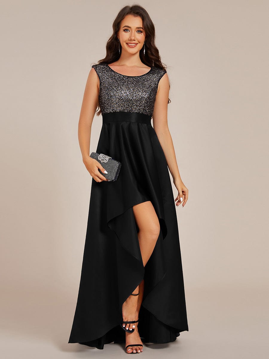 Robe de soirée à sequins et décolleté plongeant avec satin #Couleur_Noir