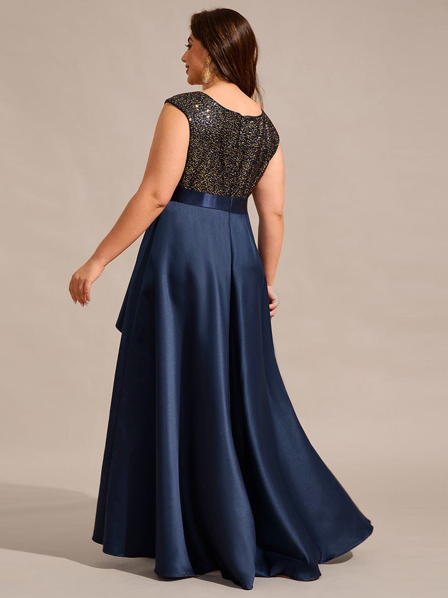 Robe de soirée à sequins et décolleté plongeant avec satin #Couleur_Bleu Marine