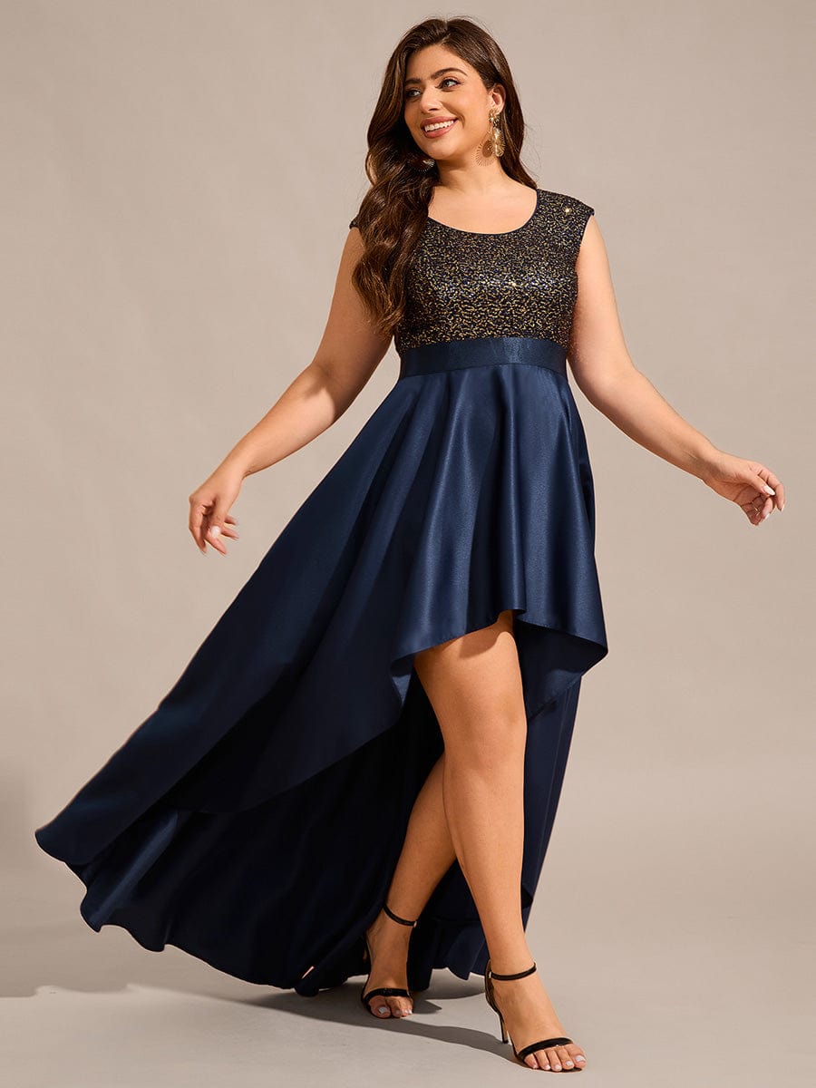 Robe de soirée à sequins et décolleté plongeant avec satin #Couleur_Bleu Marine