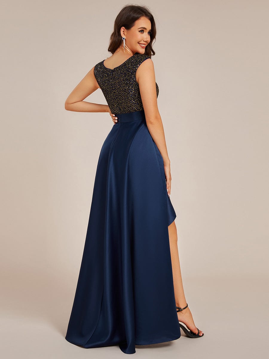 Robe de soirée à sequins et décolleté plongeant avec satin #Couleur_Bleu Marine