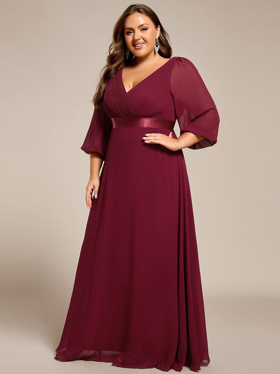 Robe de soirée trapèze taille empire en mousseline à manches longues #Couleur_Bordeaux