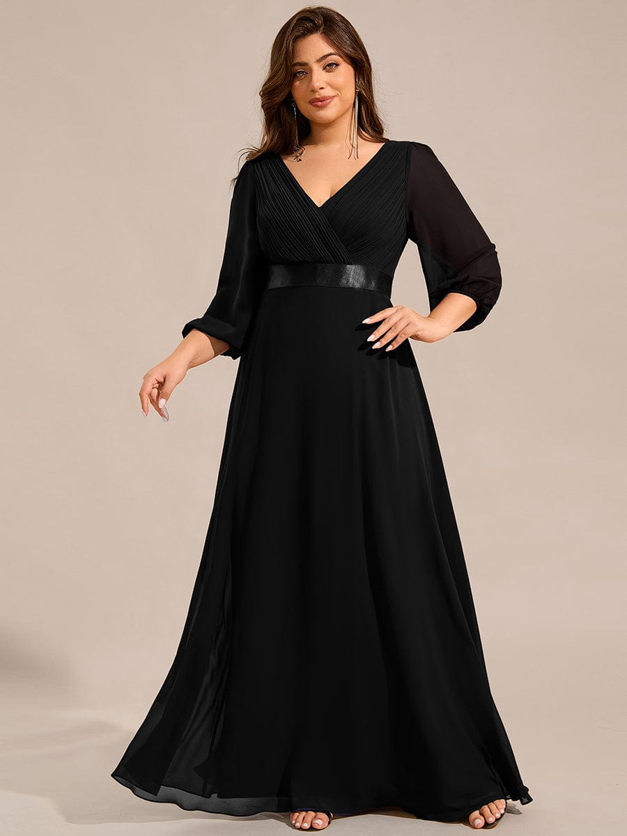 Robe de soirée trapèze taille empire en mousseline à manches longues #Couleur_Noir