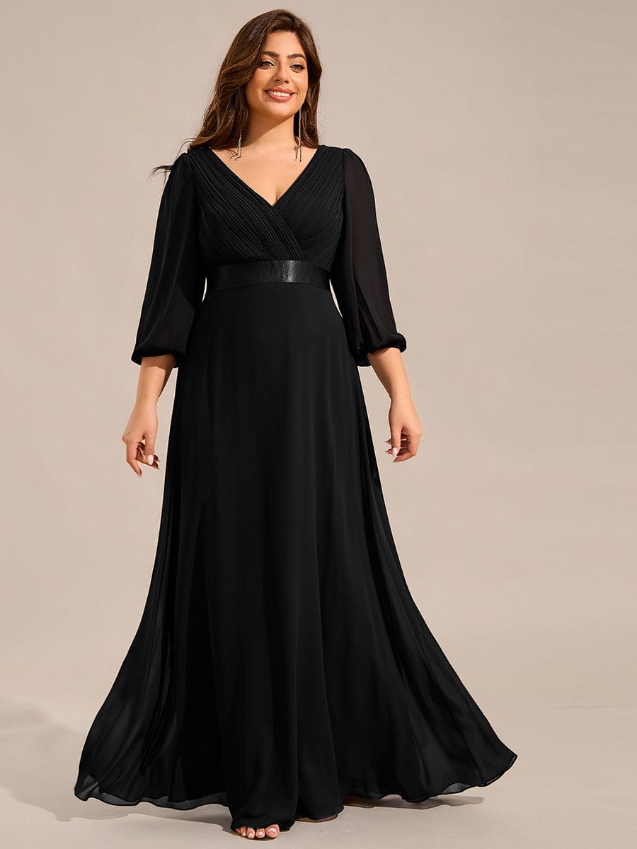 Robe de soirée trapèze taille empire en mousseline à manches longues #Couleur_Noir