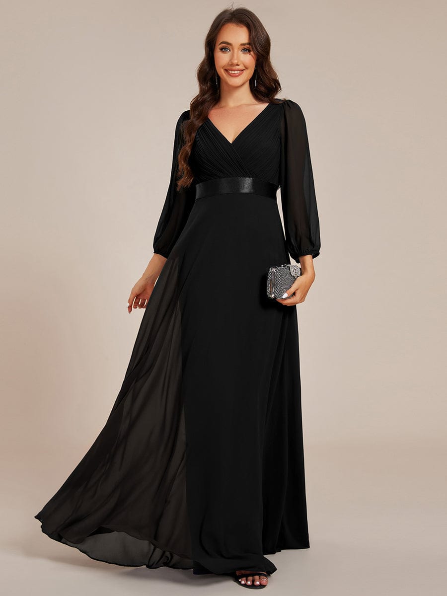 Robe de soirée trapèze taille empire en mousseline à manches longues #Couleur_Noir