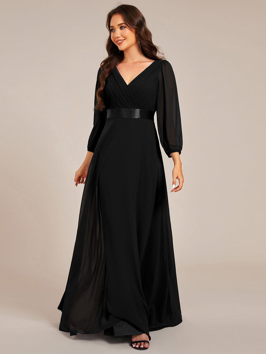 Robe de soirée trapèze taille empire en mousseline à manches longues #Couleur_Noir