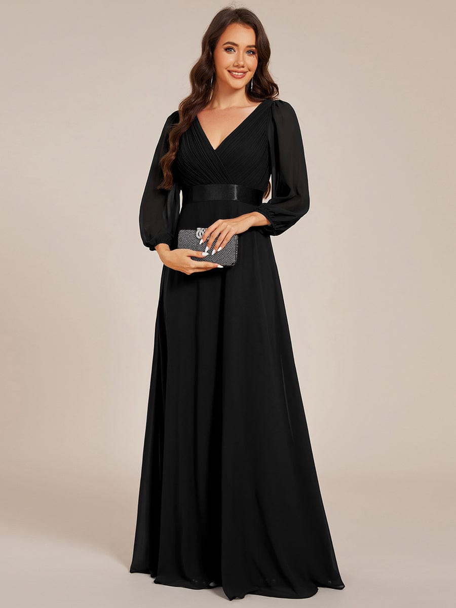 Robe de soirée trapèze taille empire en mousseline à manches longues #Couleur_Noir