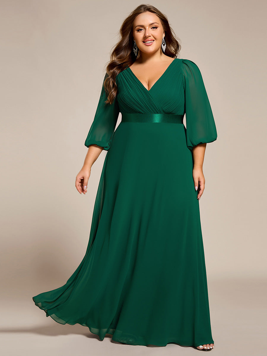 Robe de soirée trapèze taille empire en mousseline à manches longues #Couleur_Vert Fonce