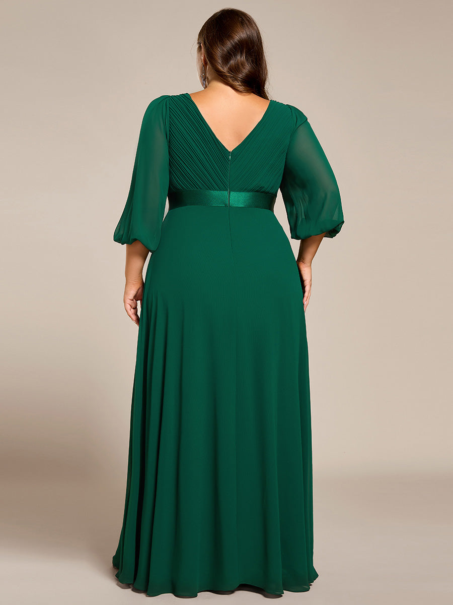 Robe de soirée trapèze taille empire en mousseline à manches longues #Couleur_Vert Fonce