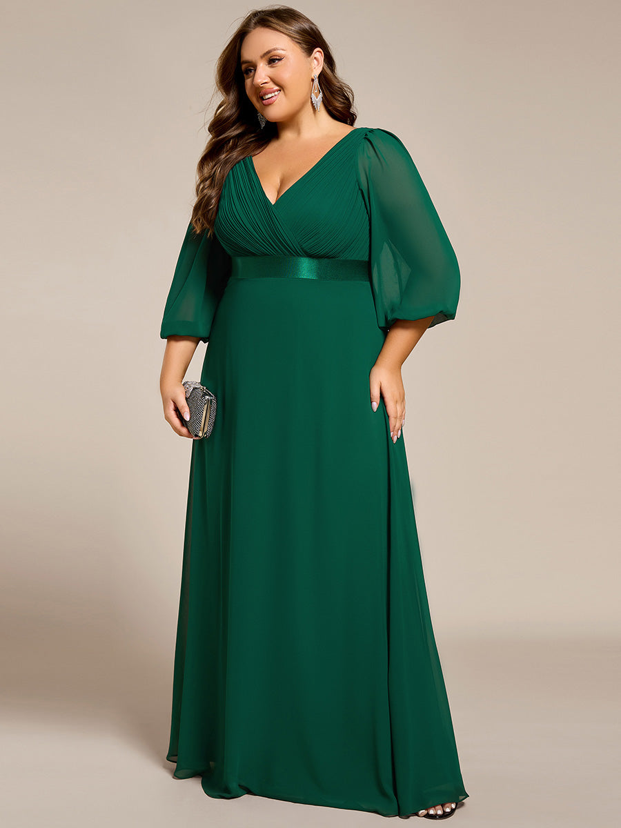 Robe de soirée trapèze taille empire en mousseline à manches longues #Couleur_Vert Fonce