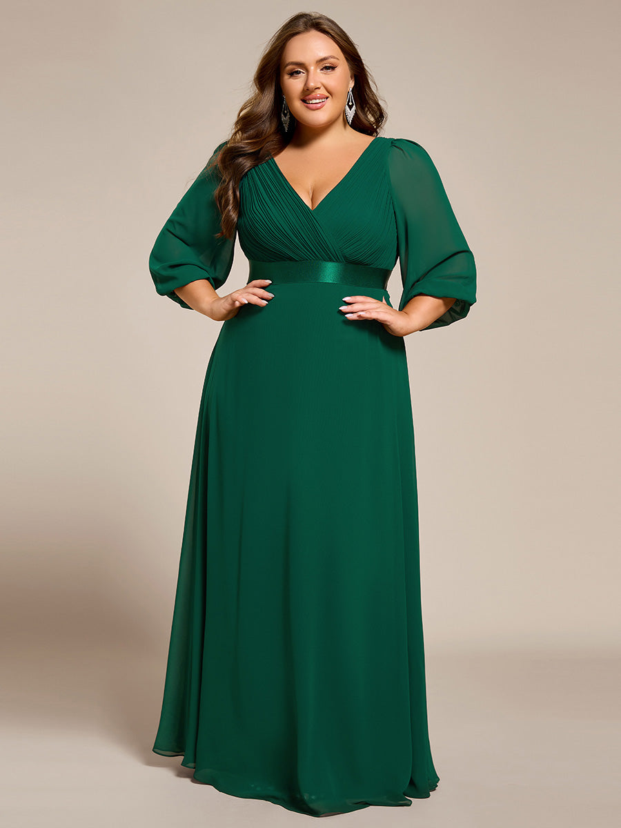 Robe de soirée taille empire plissée en mousseline de soie à manches longues #Couleur_Vert Fonce