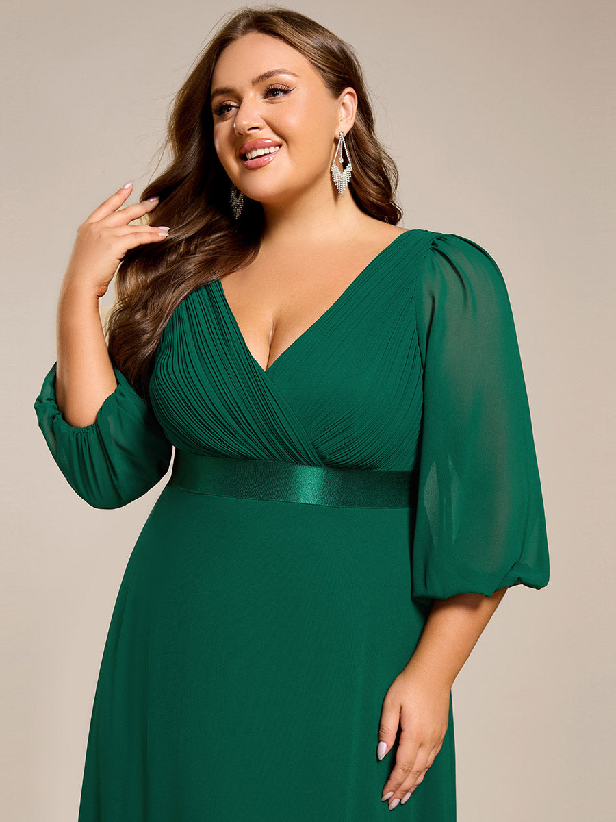 Robe de soirée trapèze taille empire en mousseline à manches longues #Couleur_Vert Fonce