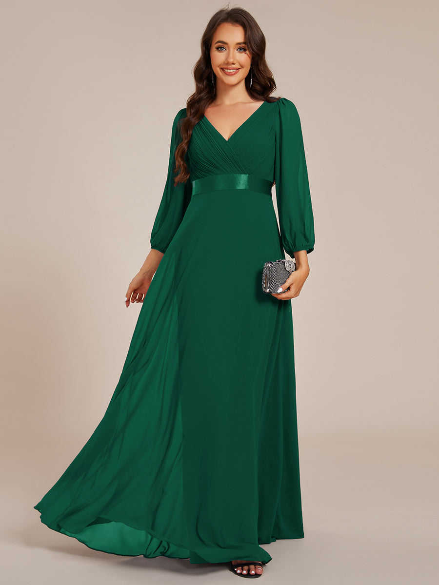 Robe de soirée trapèze taille empire en mousseline à manches longues #Couleur_Vert Fonce