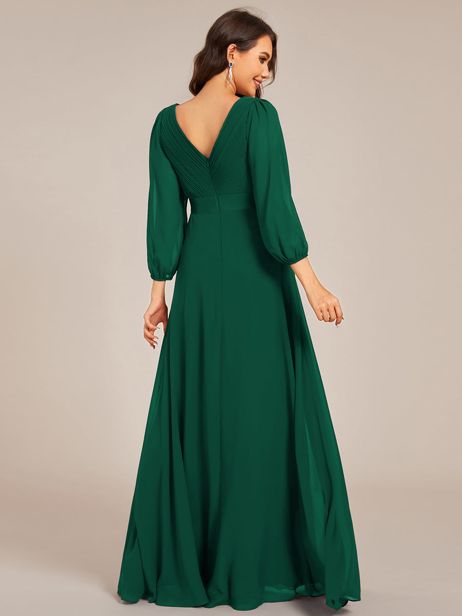 Robe de soirée trapèze taille empire en mousseline à manches longues #Couleur_Vert Fonce