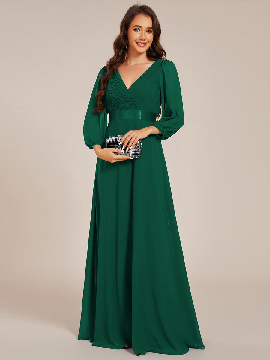 Robe de soirée trapèze taille empire en mousseline à manches longues #Couleur_Vert Fonce