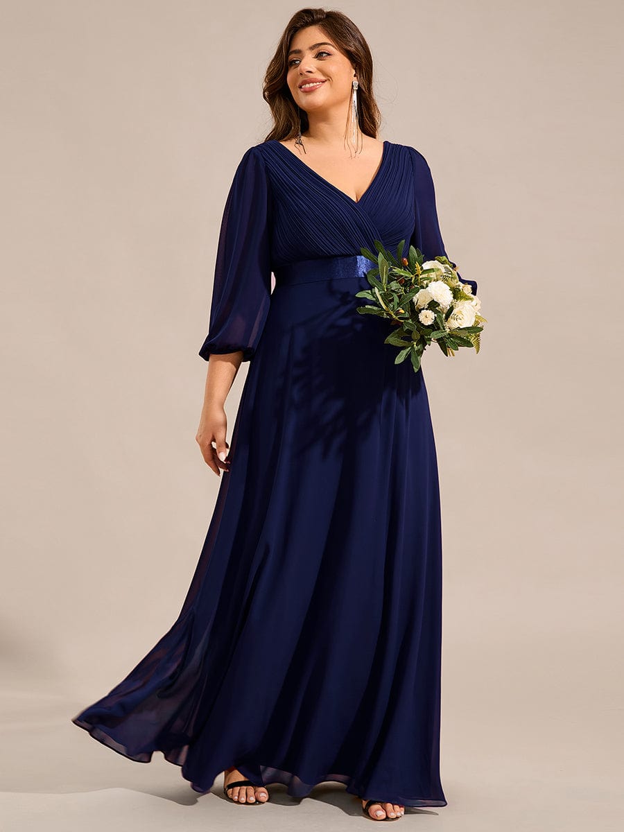 Robe de soirée trapèze taille empire en mousseline à manches longues #Couleur_Bleu Marine