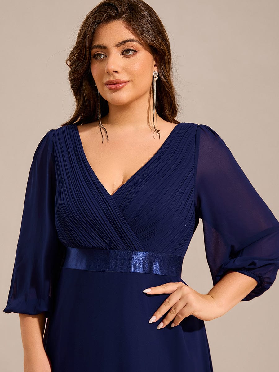 Robe de soirée trapèze taille empire en mousseline à manches longues #Couleur_Bleu Marine