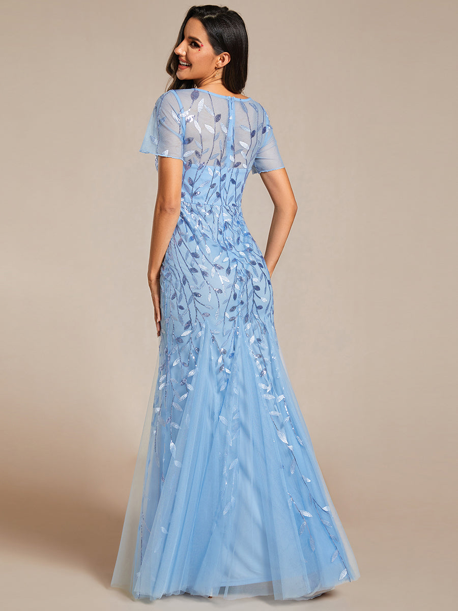 Robe Sirène Grande Taille en Tulle à Imprimé Floral et Paillettes #Couleur_Bleu Ciel