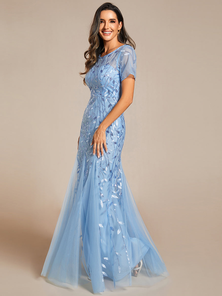 Robe Sirène Grande Taille en Tulle à Imprimé Floral et Paillettes #Couleur_Bleu Ciel