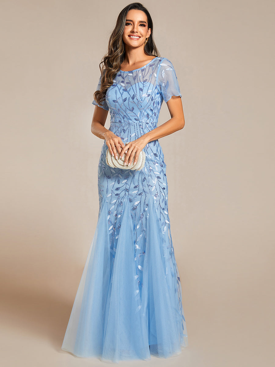 Robe Sirène Grande Taille en Tulle à Imprimé Floral et Paillettes #Couleur_Bleu Ciel