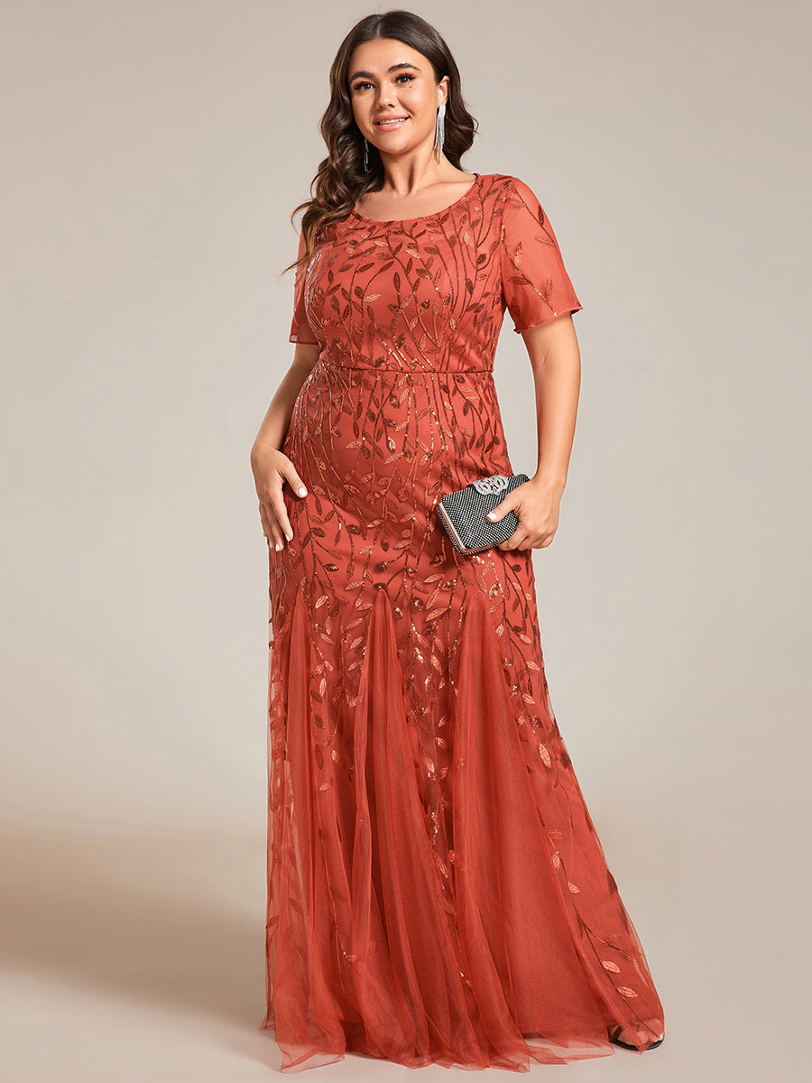 Robe Sirène Grande Taille en Tulle à Imprimé Floral et Paillettes #Couleur_Burnt Orange