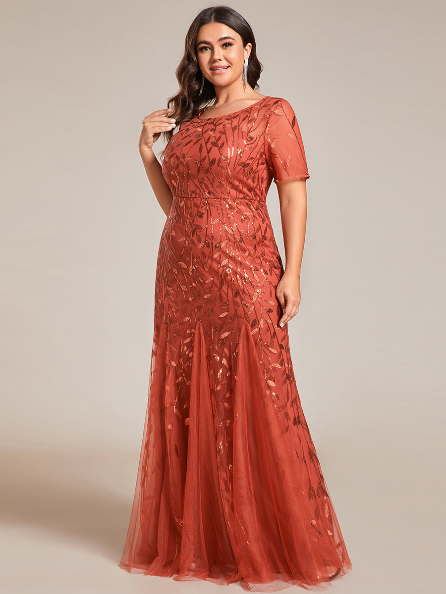 Robe Sirène Grande Taille en Tulle à Imprimé Floral et Paillettes #Couleur_Burnt Orange