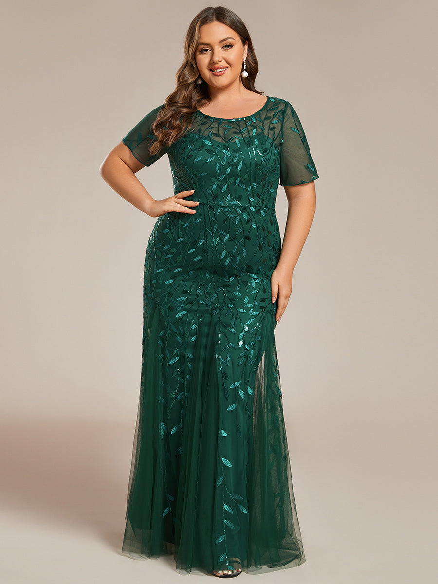 Robe Sirène Grande Taille en Tulle à Imprimé Floral et Paillettes #Couleur_Vert Fonce