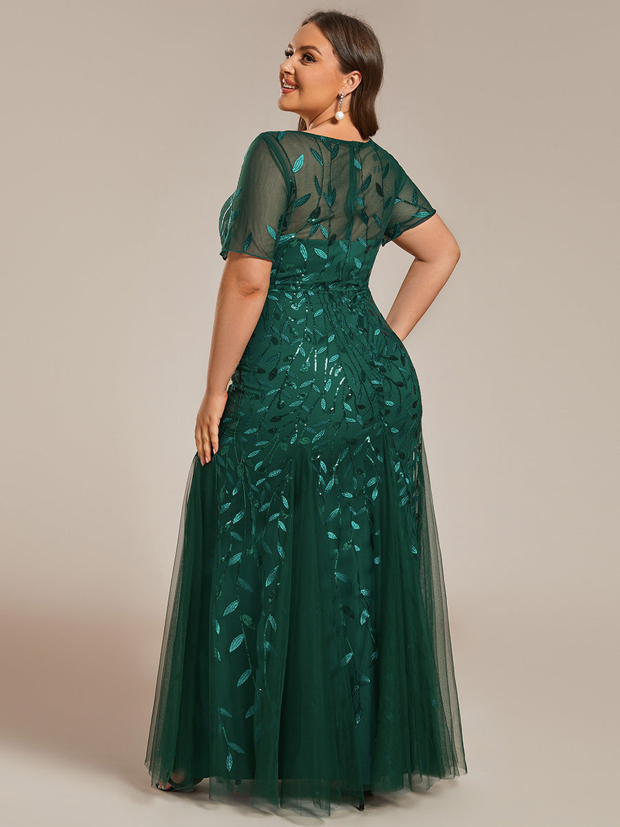 Robe Sirène Grande Taille en Tulle à Imprimé Floral et Paillettes #Couleur_Vert Fonce