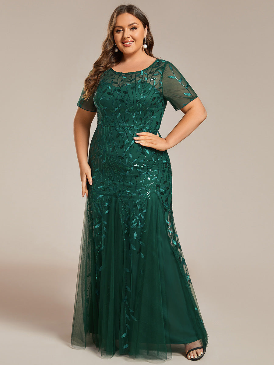 Robe Sirène Grande Taille en Tulle à Imprimé Floral et Paillettes #Couleur_Vert Fonce