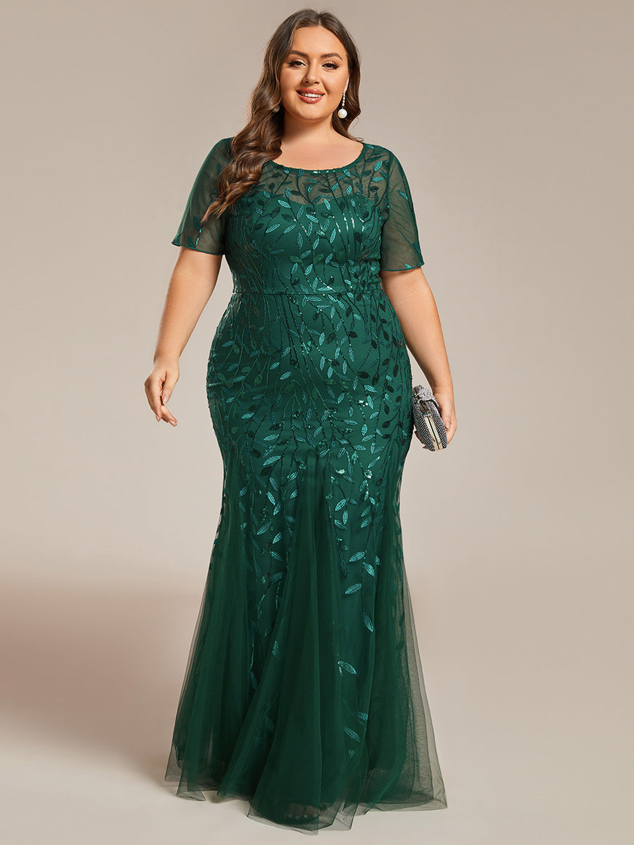 Robe Sirène Grande Taille en Tulle à Imprimé Floral et Paillettes #Couleur_Vert Fonce