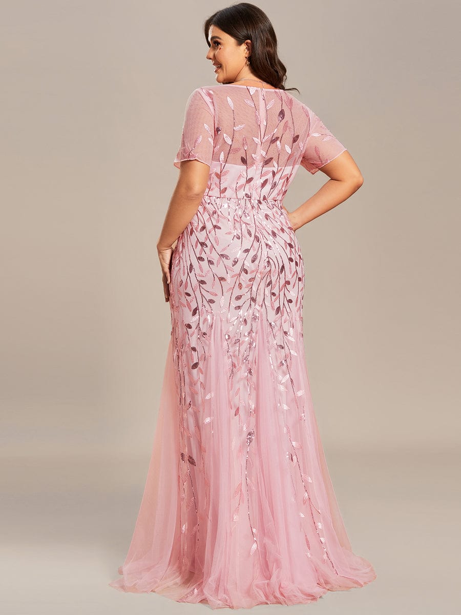 Robe Sirène Grande Taille en Tulle à Imprimé Floral et Paillettes #Couleur_Rose