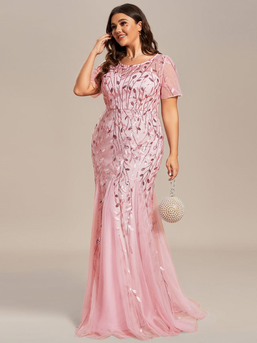 Robe Sirène Grande Taille en Tulle à Imprimé Floral et Paillettes #Couleur_Rose