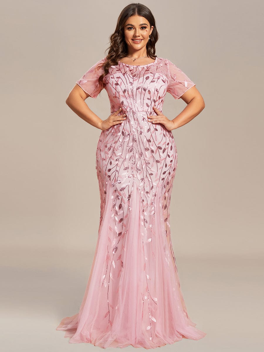 Robe Sirène Grande Taille en Tulle à Imprimé Floral et Paillettes #Couleur_Rose