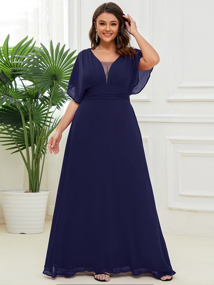 Robe de soirée longue en mousseline de soie à taille empire coupe A #Couleur_Bleu Marine