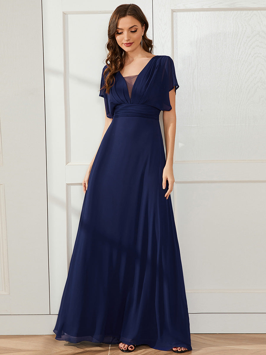 Robe de soirée longue en mousseline de soie à taille empire coupe A #Couleur_Bleu Marine