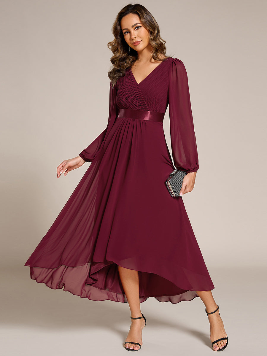 Robe midi pour invités de mariage en mousseline à manches longues #Couleur_Bordeaux