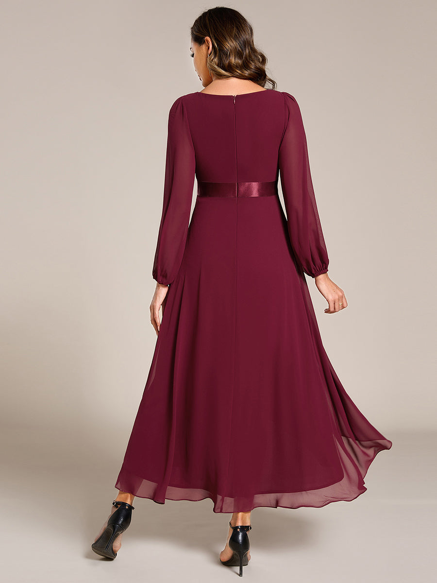 Robe midi pour invités de mariage en mousseline à manches longues #Couleur_Bordeaux