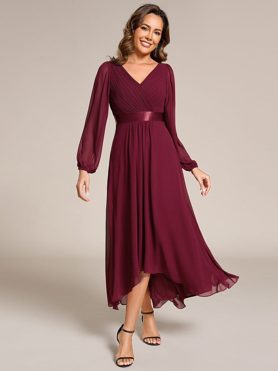 Robe midi pour invités de mariage en mousseline à manches longues #Couleur_Bordeaux