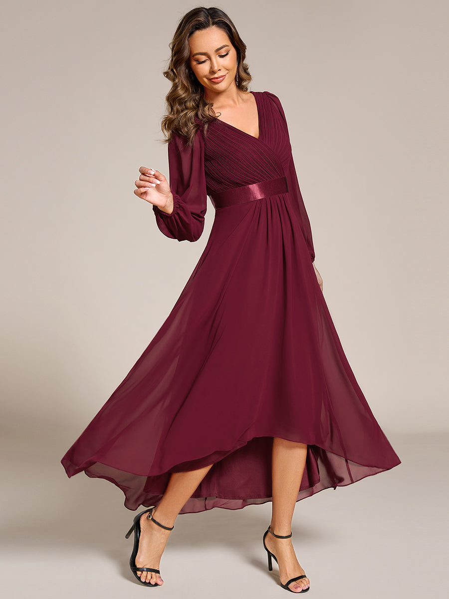 Robe midi pour invités de mariage en mousseline à manches longues #Couleur_Bordeaux